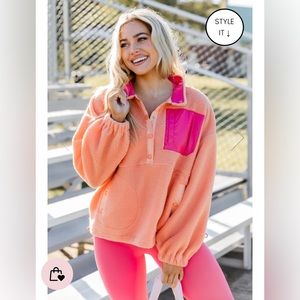PINK LILY ORANGE AND PINK SHERPA BUTTON PULLOVER